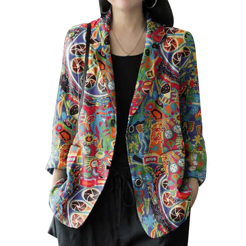 Autumn Vintage Long Sleeve Printed Coats Female Thin Tops Women Blazer Spring Summer Cotton Shirt Casual Outwears