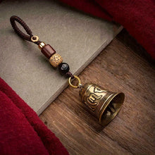 Load image into Gallery viewer, 1pc Vintage Brass Tibetan Buddhism Six-word Mantra Bell Keychains Lanyard Pendants Handmade Rope Car Key Chain Rings Hanging