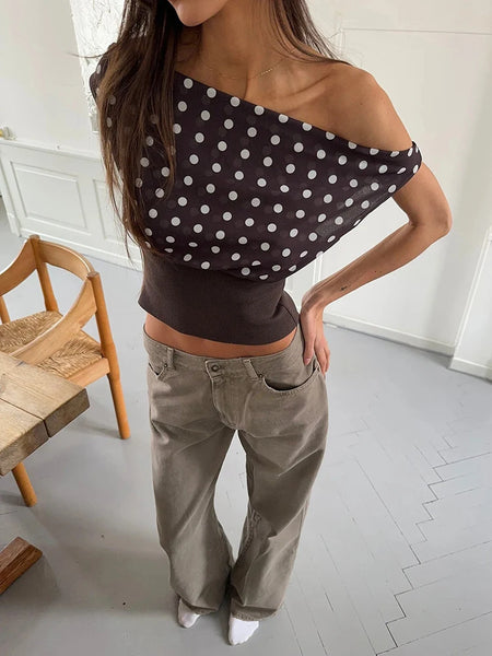 Mozision Backless Polka Dot Crop Tops Women Vest Fashion Summer New Oblique Shoulder Sleeveless Tank Tops Pullovers Female