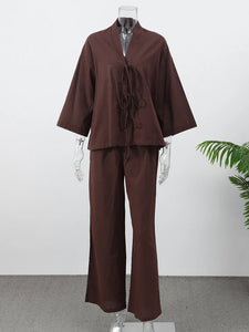 Summer Brown Cotton Linen Loose Pants Sets Fashion V-neck Lace Up Long Sleeve Shirt Suit 2025 New Women's Casual 2 Piece Outfits