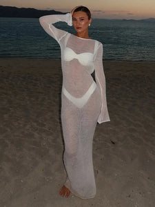New Summer Solid Maxi Dresses Fashion Long Sleeves Deep Low Neck Back Hollow Out See Through Women Robes 2025 Chic Holiday Wear