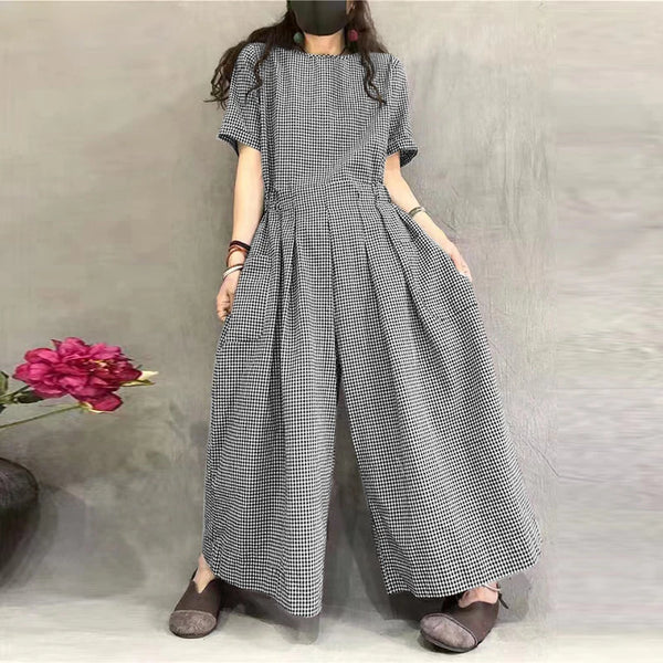 Short Sleeve Checked Wide Leg Overalls Pleated Waist O Neck Loose Casual Gingham Jumpsuits 2024 Fashion Women Long Romper