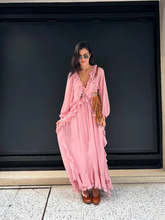 Load image into Gallery viewer, Elegant Solid Multiple Flounces Lace Up Dresses Chic Loose V Neck Full Sleeve Robes New Lady Summer Commute Vacation Gown 2025