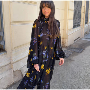 Elegant Printed Boho Long Dresses Women Loose Chic Turtleneck Lantern Sleeve Floral Robes 2025 Spring Summer Lady Vacation Dress