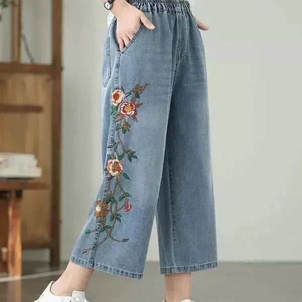 Artistic retro Heavy industry Embroidered Denim Wide leg Pants Spring Summer 2026 New Women's Loose waist Casual Nine Fen Jeans