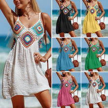 Load image into Gallery viewer, Crochet Knitted Splicing Colorful Pattern V Neck Tunic Beach Wear Hollow Bikini Cover Up Dress Beach Wear Sarong Swimsuit