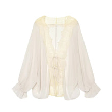 Load image into Gallery viewer, Women Lace Patchwork Lantern Long Sleeve Shirt Top Tie-up Loose Sheer Blouse Elegant Irregular High Street Fashion Lady