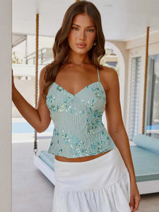 Green Shinny Sequins  Deep V Halter Vest Women Sexy Off Shoulder  Sleeveless Tops Chic Lady Sparkle Tank Tops