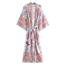 Load image into Gallery viewer, Happie Queens Women Green Peacock Print Bat Sleeve Beach Bohemian Kimono Robe Ladies V Neck  Boho Bikini Cover-ups