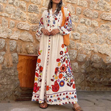 Load image into Gallery viewer, Summer V-neck Flower Print Loose Casual Fall Swing Dress Women Long Dress Long Sleeve Dress