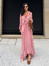 Load image into Gallery viewer, Elegant Solid Multiple Flounces Lace Up Dresses Chic Loose V Neck Full Sleeve Robes New Lady Summer Commute Vacation Gown 2025