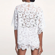 Load image into Gallery viewer, Sexy Lace Embroidery Hook Flower Hollow Crochet Set Women 2 Pieces Polo-Neck Button Tops and Shorts Outfits Spring Summer Suits