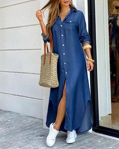 Spring And Autumn Women's Fashion Plaid Printed Polo Neck Shirt Dress Elegant Denim Long Sleeve Button Pocket Loose Long Dreess