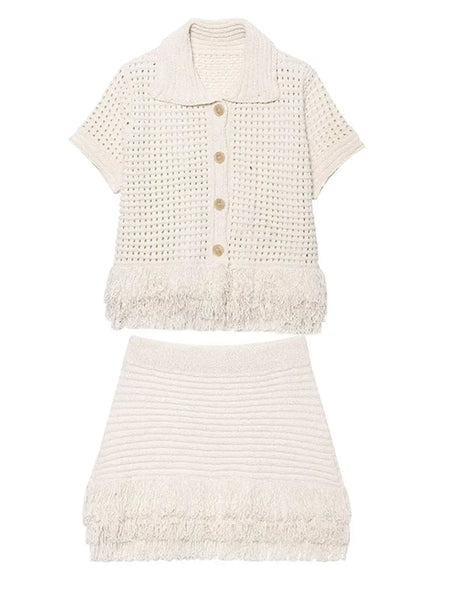 Women Crochet Hollow Out Top Shorts Set Fashion Round Neck Cardigan Crop Tops 2 Piece Sets Summer Lady Y2k Beach Party Outfit