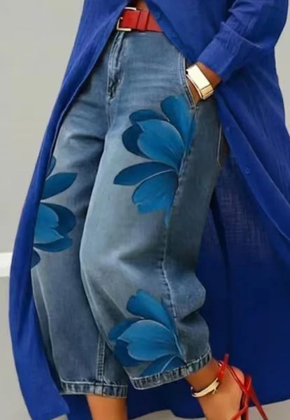 Streetwear Women's Floral Print High Waist Jeans Loose Fit Cropped Wide Leg Denim Pants Casual Trendy Plus Size Trousers