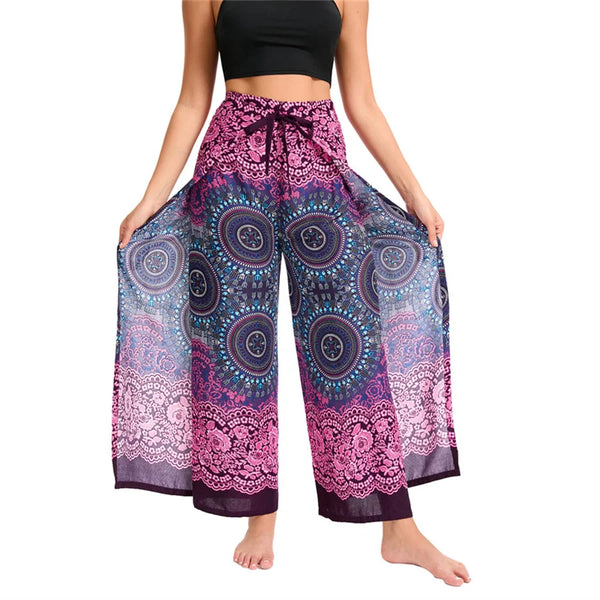 Women's Boho Palazzo Pants Wide Leg Yoga Wrap Tie Up Waistband Beach Cover Up Trousers Rayon Soft Breathable Loose Pants