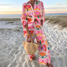 Load image into Gallery viewer, Fashion Print Beach Holiday 2-Piece Set Women Spring Summer Long Sleeve Shirt Top + Wide Legs Women's Oversized Two-Piece Outfit