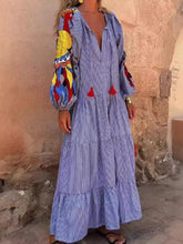 Load image into Gallery viewer, 2024 Autumn Fashion New Women's Loose Long Sleeve Striped Splicing V-neck Lantern Sleeve Printed Loose Long Dress