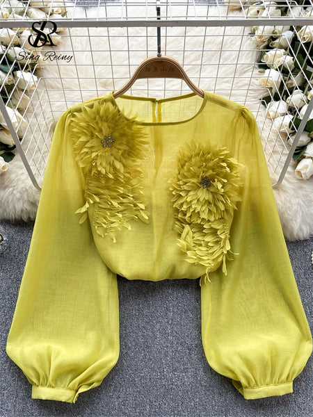 Spring Loose Satin Blouse Women O Neck Long Sleeves Sheer Bohemian Top 2024 Transparent 3D Floral Casual Shirt