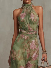 Load image into Gallery viewer, Fashion Sleeveless High Neck Ruched Waist Chiffon Flowy Evening Party Dress 2026 New Women Floral Print Halter Maxi Dress