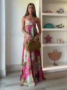 Casual Pleated Printed Strapless Maxi Dress Women Chic Sleeveless High Waist Loose Hem Long Dresses Summer New Lady Party Robes
