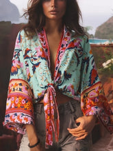 Load image into Gallery viewer, Happie Queens Floral Print Sashes Short  Kimono Women Fashion V Neck Batwing Sleeves Robe Lady Boho Bikini Cover-ups