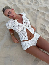 Load image into Gallery viewer, Women Crochet Hollow Out Top Shorts Set Fashion Round Neck Cardigan Crop Tops 2 Piece Sets Summer Lady Y2k Beach Party Outfit