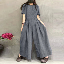 Load image into Gallery viewer, Short Sleeve Checked Wide Leg Overalls Pleated Waist O Neck Loose Casual Gingham Jumpsuits 2024 Fashion Women Long Romper