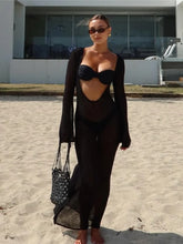 Load image into Gallery viewer, New Summer Solid Maxi Dresses Fashion Long Sleeves Deep Low Neck Back Hollow Out See Through Women Robes 2025 Chic Holiday Wear