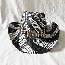 Load image into Gallery viewer, Handmade Color Matching Sun Hat Characteristic Ethnic Style Western Cowboy Straw Hat Black and White Two-color Woven Beach Hat
