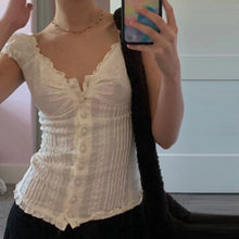 Load image into Gallery viewer, 90s French Vintage Floral T-shirt Fairy Grunge Kawaii Button Frill V Neck Pullovers Tee Women Y2K Aesthetic White Crop Top Retro
