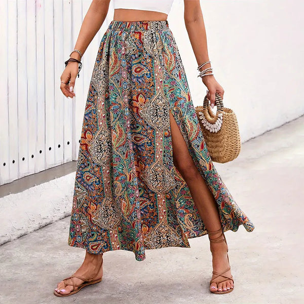 Bohemian Boho Retro Floral Print Skirts Women Indie Folk Summer High Waist A-Line Pleated Long Skirts Casual Holiday Beach Skirt
