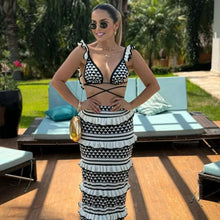 Load image into Gallery viewer, Ladies Striped Knitted Beach Skirt Sets Women Sexy Backless Slim Bohemian Outfits Ruffle Holiday Vacation 2 Piece Set Female