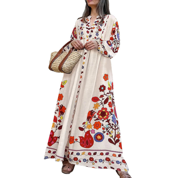 Summer V-neck Flower Print Loose Casual Fall Swing Dress Women Long Dress Long Sleeve Dress