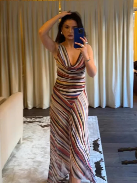 Women Sleeveless Stripe Maxi Dress Cowl Neck Multicolor Ruched Bodycon High Slit Chiffon Vestido Sexy Evening Party Summer Gown