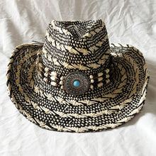 Load image into Gallery viewer, Handmade Color Matching Sun Hat Characteristic Ethnic Style Western Cowboy Straw Hat Black and White Two-color Woven Beach Hat