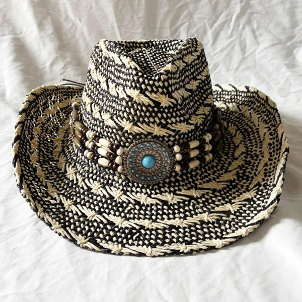 Handmade Color Matching Sun Hat Characteristic Ethnic Style Western Cowboy Straw Hat Black and White Two-color Woven Beach Hat