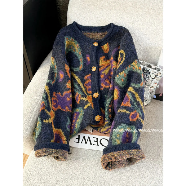 Autumn Retro Sweater Cardigan Women Korean Fashion Thick Metal Embroidery Knitted Gentle Vintage Clothes