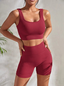 Seamless Ribbed Yoga Sets Workout Sets for Women 2 Pieces Gym Suits Ribbed Crop Tank High Waist Shorts Outfits Fitness Running