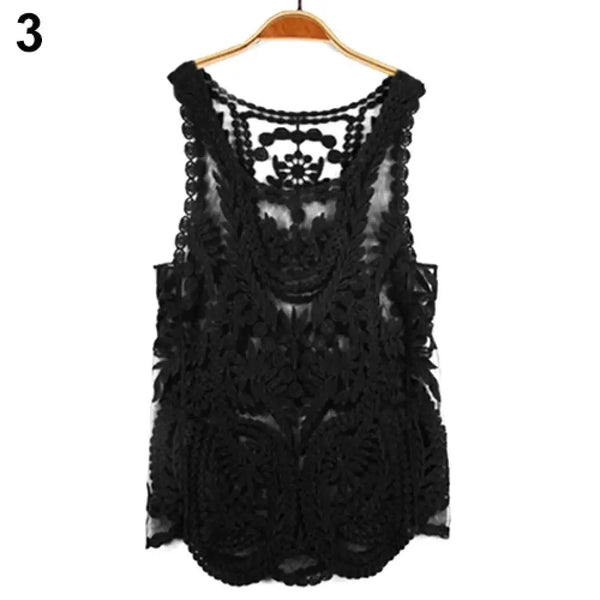 Women's Sleeveless Lace Tank Top Sexy Embroidery Hollow-out Floral Crochet Shirt Crochet T-Shirts For Women Lace Tee Shirt