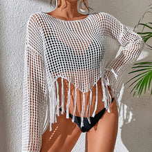 Load image into Gallery viewer, See Through Hollow Out Bikini Cover Ups Tops Women Beachwear Flared Long Sleeve Tassel Smock Crop Tops Swimsuit Cover-Up