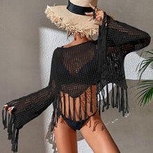 Load image into Gallery viewer, See Through Hollow Out Bikini Cover Ups Tops Women Beachwear Flared Long Sleeve Tassel Smock Crop Tops Swimsuit Cover-Up