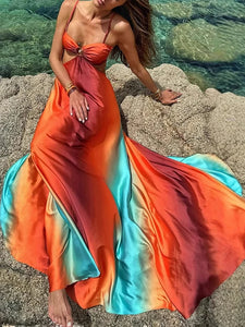 Fashion Gradient Hollow Out Maxi Dress Women Bohemia Spaghetti Strap Sleeveless Backless Beach Dresses Female Vacation Chic Robe