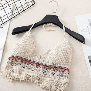 Sexy Boho Beach Holiday Camisole Halter Women Crochet Knit Swimsuit Bra Backless Vest Hollow Tassel Tank Top Women's Crop Tops