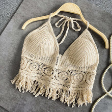 Load image into Gallery viewer, Sexy Boho Beach Holiday Camisole Halter Women Crochet Knit Swimsuit Bra Backless Vest Hollow Tassel Tank Top Women&#39;s Crop Tops