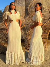 Load image into Gallery viewer, Sexy White Lace Women Dress Turtleneck Tassel Sleeve Slim Naked Waist Hollow Out Long Dress Summer Beach Female Knit Robe