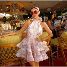 Load image into Gallery viewer, Floral Print Halter Ruffles Dresses Women&#39;s Elegant Backless Sleeveless Bow Lace Up Mini Dress 2025 Summer New Lady Party Robes