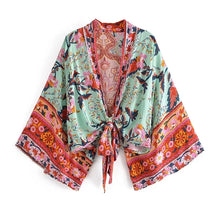 Load image into Gallery viewer, Happie Queens Floral Print Sashes Short  Kimono Women Fashion V Neck Batwing Sleeves Robe Lady Boho Bikini Cover-ups