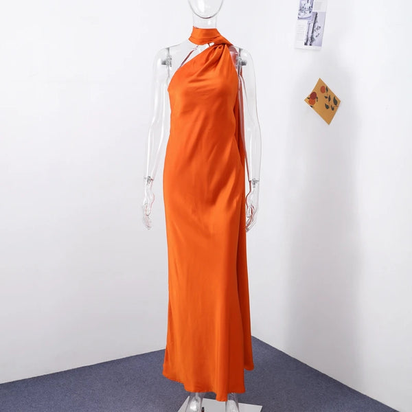 Elegant Satin Ribbons Halter Party Dress Women's Sexy Backless Off Shoulder Sleeveless Robes 2025 Summer New Lady Evening Gowns
