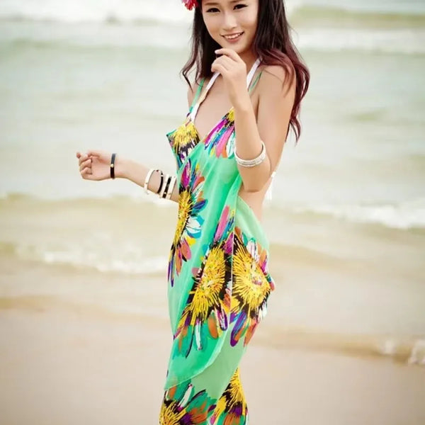 Printed Cover-ups Sexy Beach Dress Women Halter Sling Chiffon Beach Towel Bikini Wrap Pareo Skirts Open-Back Swimwear